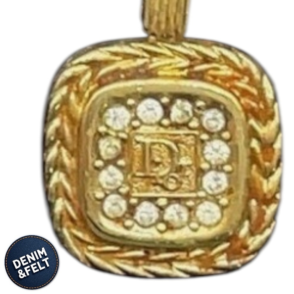 Christian Dior Vintage Logo Plate Rhinestone Gold‎ Plated Pendant Necklace 💛 - Picture 4 of 11
